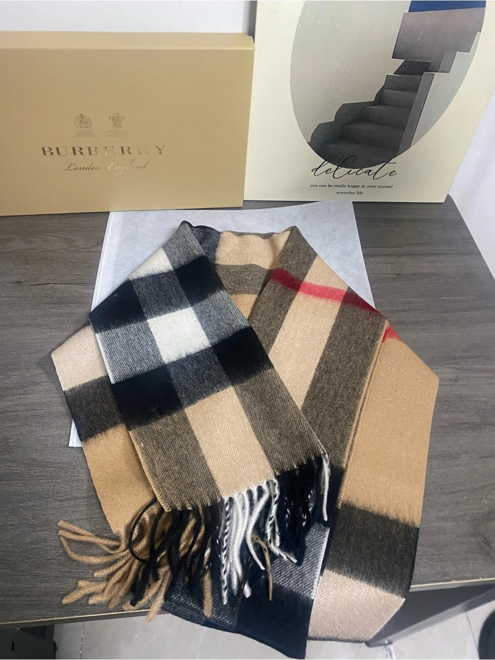 Authentic Burberry Beige Black White and Red Check Wool Scarf